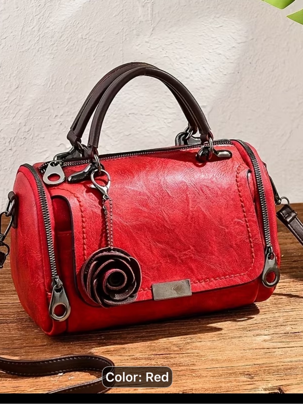 Classic Red Top-Handle Satchel with Floral Charm